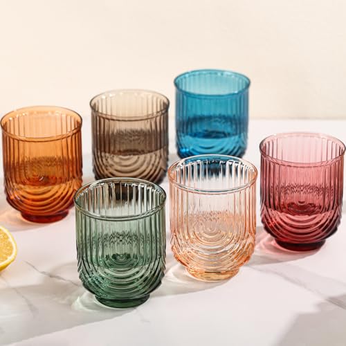 Colored Vintage Drinking Glasses Set of 6-15oz Hand-Blown Highball Ribbed Glassware, Arch Design Cocktail Glasses for Whiskey Water Beverages Ice Coffee Juice Milk - color: Multicolor, size: 15oz
