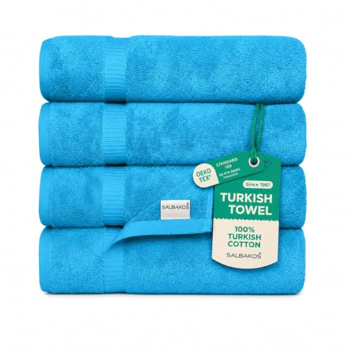 SALBAKOS 4-Piece 100% Turkish Cotton Bath Towels, 27x54 inch, Aqua | Standard Size, 630 Gsm Thick Super Soft Highly Absorbent Quick-Dry Bathroom Towel, Premium Hotel & Spa Quality Made in Turkey - color: Aqua, size: 4 Bath Towels