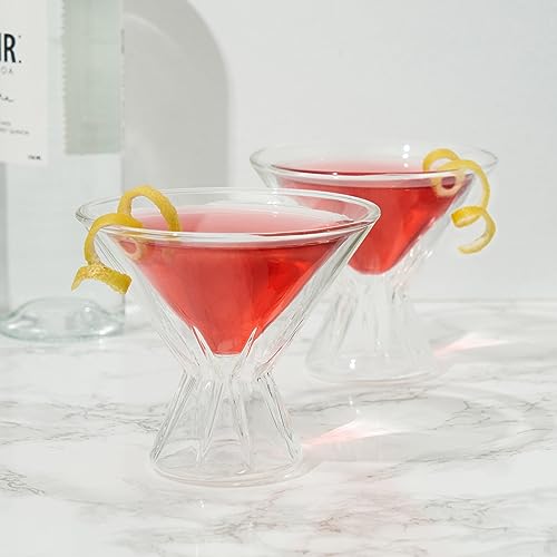 Viski Double Walled Cocktail Glasses - Insulated Martini Glasses with Cut Crystal Design - Dishwasher Safe Borosilicate Glass 8.5oz Set of 2 - style: Double-Walled Martini Glasses
