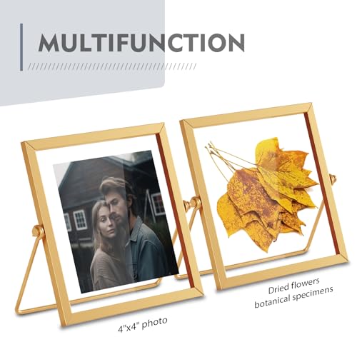 4x4 Floating Picture Frame, Gold Small Photo Frame, Metal Pressed Flowers Desk Picture Frame with Glass, Great for Photos, Gift, Pictures, Wedding, Portraits - color: 4"x4" Gold