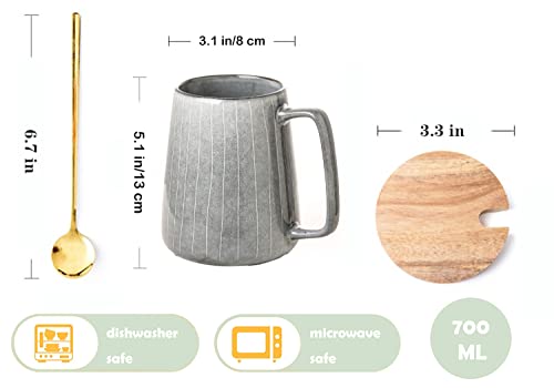 Large Ceramics Coffee Mugs,with Spoon and Wooden Lid,for Coffee,Tea,Cocoa,Large Handle Design,Microwave Dishwasher Safe (Gray Set) - color: 24 oz Gray Set