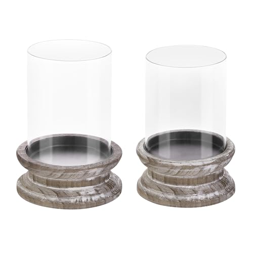 Set of 2 Glass Hurricane Candle Holders for Pillars with Florence Style Solid Wooden Base Crafted from Pine in Distressed Brown, Farmhouse Candlestick Holder, Centerpiece for Home, Table, Mantel - color: Rustic Brown, size: 3.6" & 4"