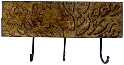 Purpledip Wooden Wall Hanger for Coat, Clothes or Keys 'Glimpse of the Garden' 3 Hooks Wall Decor (11879)