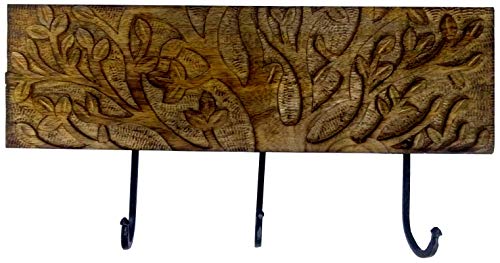 Purpledip Wooden Wall Hanger for Coat, Clothes or Keys 'Glimpse of the Garden' 3 Hooks Wall Decor (11879)