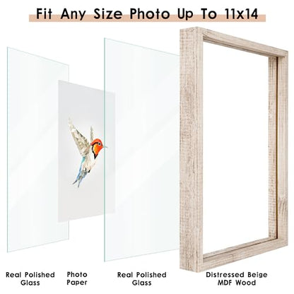 MUYE 11x14 Floating Frames Distressed Beige White Wood Pattern,Double Glass Picture Frame Set of 2 Display Any Size Photo up to 11x14,Wall Mount or Tabletop - color: Beige, size: 11x14