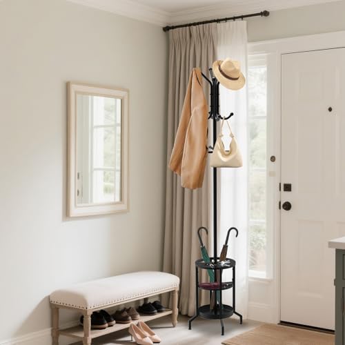 Coat Rack with Umbrella Holder, Coat Rack Freestanding | Metal Coat Tree with 12 Hooks, Coat Hanger Stand for Entryway, Umbrella Coat Rack for Bedroom, Living Room & Office