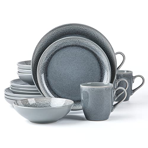 Arora FAIT Round Stoneware 16pc Dinnerware Set for 4, Dinner Plates, Side Plates, Cereal Bowls, Mugs - Reactive Glaze Grey (448158) - color: Grey-Bowl/Mug (1), style: Round-Service for 4(16pcs)