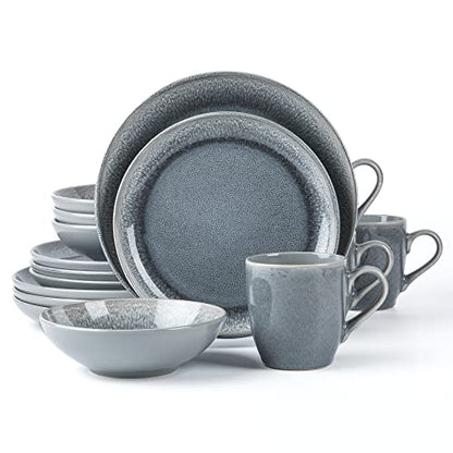 Arora FAIT Round Stoneware 16pc Dinnerware Set for 4, Dinner Plates, Side Plates, Cereal Bowls, Mugs - Reactive Glaze Grey (448158) - color: Grey-Bowl/Mug (1), style: Round-Service for 4(16pcs)