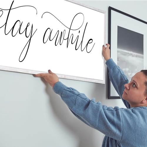 Rutiyoka Stay Awhile Sign Framed Farmhouse Dining Room Wall Decor Large 42"×15" Wood Kitchen Wall Art White - color: stay awhile (white frame)