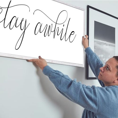 Rutiyoka Stay Awhile Sign Framed Farmhouse Dining Room Wall Decor Large 42"×15" Wood Kitchen Wall Art White - color: stay awhile (white frame)