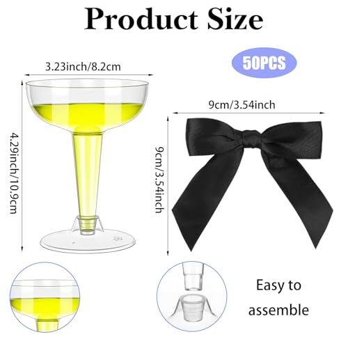 50 Sets Champagne Coupe Cocktail Glasses, 4oz Small Acrylic Martini Glasses with Satin Ribbon Black Bow, Plastic Margarita Martini Cups, Reusable Champagne Cups for Party, Home, Bar, Wedding
