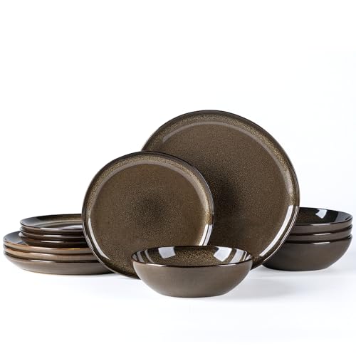 AmorArc Ceramic Dinnerware Sets for 4, 12Pcs Plates and Bowls Sets Dishes | Stoneware Handmade Reactive Glaze Dinner Set, Highly Scratch Resistant | Dishwasher & Microwave Safe Dishware - color: Coffee, size: Service for 4