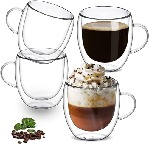 8 oz/250ml Double Walled Glass Coffee Mugs, Clear Coffee Cups and Mugs Set of 4, Cappuccino Latte Macchiato Glasses Cups with Handle, Espresso Mug Cups for Latte, Hot/Cold Drink - size: 8 oz/250ml
