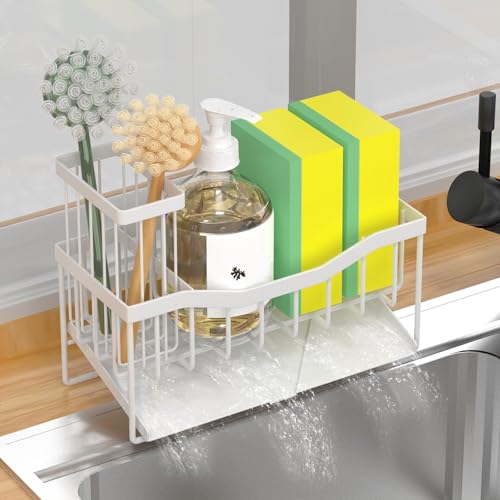 Fssvcd Maifan Sink Caddy Sponge Holder for Kitchen with Brush Holder and Stainless Steel Self Drain Tray, Rustproof Kitchen Sink Organizer for Sponge, Soap Dispenser Storage Accessories - color: White