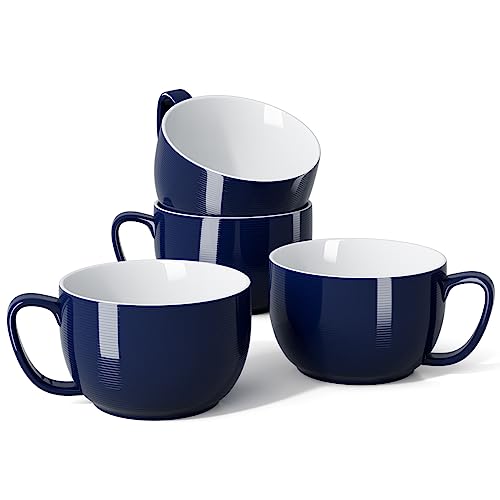 Teocera Porcelain Coffee Mugs, Soup Mugs Bowls with Handle, 24 oz Latte Mugs Set of 4 - Striped Design, Navy - color: Navy