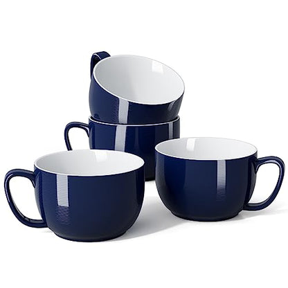 Teocera Porcelain Coffee Mugs, Soup Mugs Bowls with Handle, 24 oz Latte Mugs Set of 4 - Striped Design, Navy - color: Navy