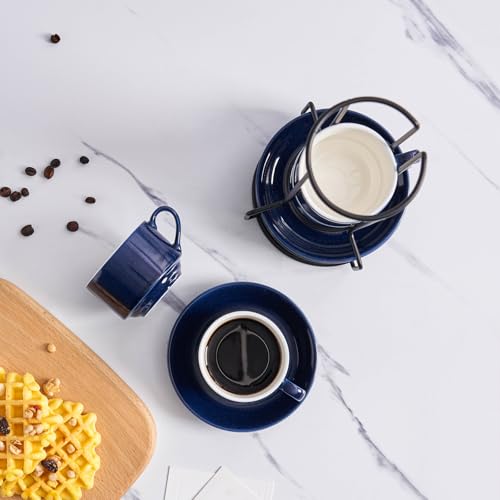 YOLIFE 2.5oz Espresso Cups Set of 4, Porcelain Stackable Espresso Cups with Saucers and Metal Stand, Expresso Shots Cup-Blue - color: Blue, size: 2.5oz