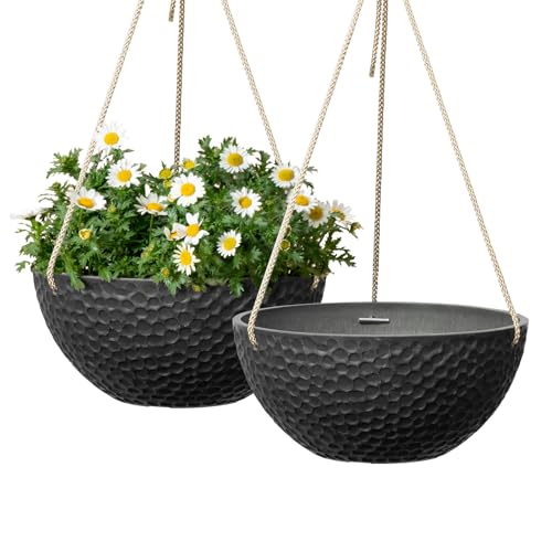LA JOLIE MUSE Hanging Planters for Outdoor Plants, Set of 2, 10 Inch | Matte Black Finish, Hanging Baskets and Flower Pots for Outdoor Plants, Decorative Outdoor Planters for Window, Porch, Garden - color: Black, size: 10 Inch