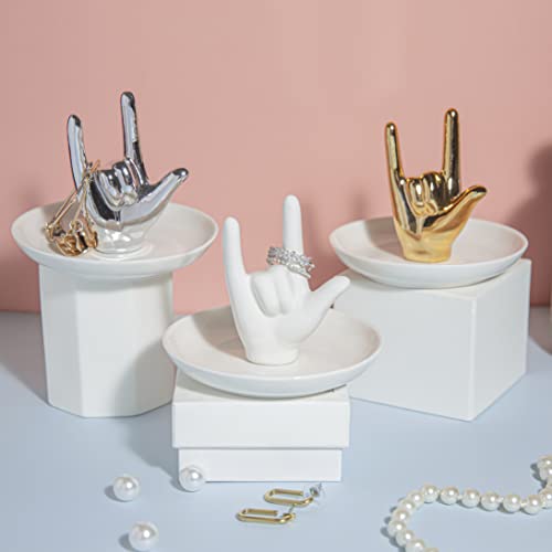 I LOVE YOU Hand Ring Holder - Ceramic Jewelry Holder Dish Trinket Tray for Rings, Earrings, Necklace Organizer, Engagement, Wedding, Christmas, Birthday Gifts (White) - color: White