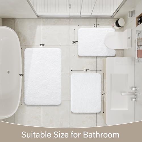 LOCHAS Bathroom Rugs Sets 3 Piece, Microfiber Bath Mat Set Non Slip, White | Washable Absorbent Toilet Rug, Shaggy Soft Cozy Quick Dry - color: White, size: 30" x 20" + 24" x 17" + U Shape 24" x 20"