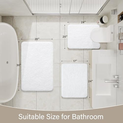 LOCHAS Bathroom Rugs Sets 3 Piece, Microfiber Bath Mat Set Non Slip, White | Washable Absorbent Toilet Rug, Shaggy Soft Cozy Quick Dry - color: White, size: 30" x 20" + 24" x 17" + U Shape 24" x 20"