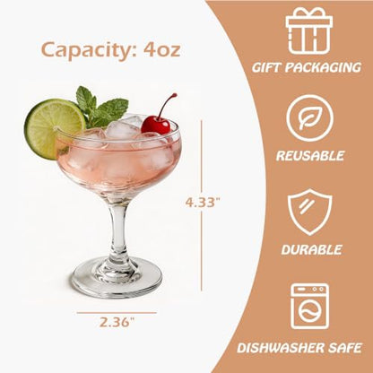 Valeways Shot Glasses - 4oz Cocktail Glasses Set of 6 - True Coupe/Martini Glasses