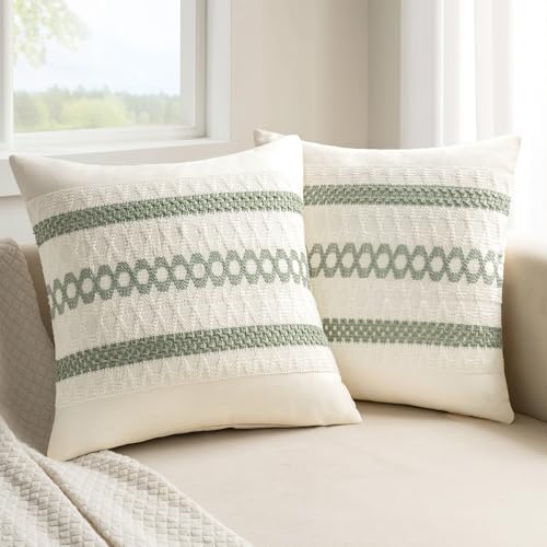 MIULEE Set of 2 Sage Green Boho Decorative Pillow Covers 20x20 Inch | Farmhouse Couch Throw Pillows, Modern Cotton Cushion Covers, Macrame Woven Spring Home Decor for Bed Sofa Chair - color: Sage Green, size: 20" x 20" (Pack of 2)