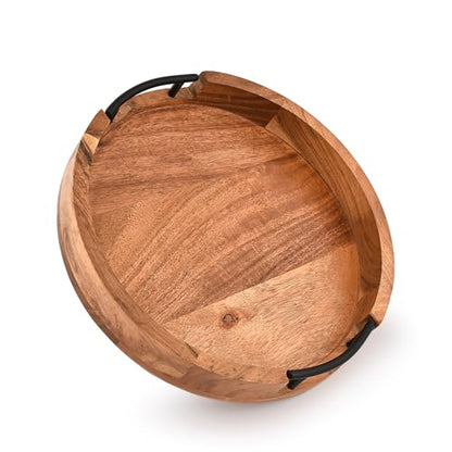 Tray Acacia Wood Round Serving Tray with Iron Handles for Coffee Table Decor Centerpiece Kitchen Counter (12" X 12" X 1.6")