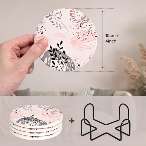 Aesthetic Ceramic Desk Coasters for Women, Girly Pretty Spring Floral Boho Coaster Set of 4 - color: Pink Boho