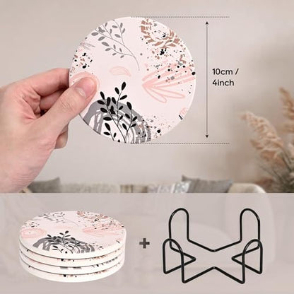 Aesthetic Ceramic Desk Coasters for Women, Girly Pretty Spring Floral Boho Coaster Set of 4 - color: Pink Boho