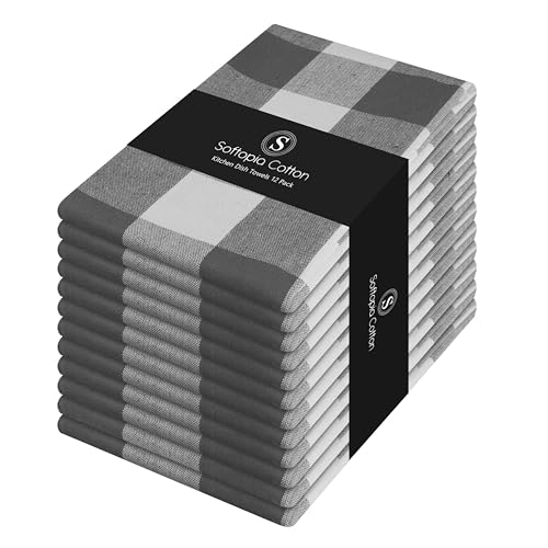Gray Buffalo Plaid Checked Dish Towels 12 Pack, 100% Cotton, 16x26 Inches, Super Absorbent, Quick Drying, Soft, Lint-Free, Durable Tea & Bar Towels with Hanging Loop, Grey and White - color: Grey, White - Buffalo, size: 16 X 26 - 12 Pack