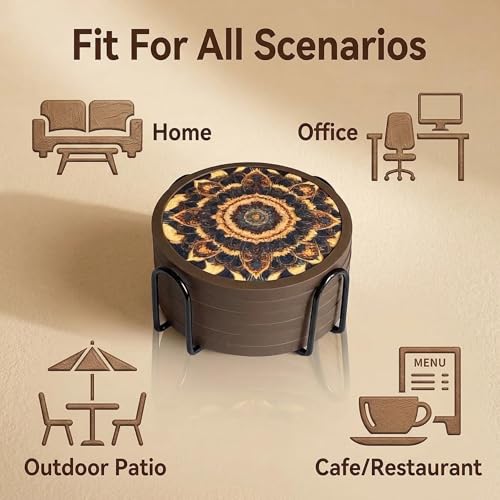 Absorbent Coasters for Drinks with Holder - 6packs, Silicone Coaster with Soft Felt Insert (4.3 inch Coasters with 4.5 inch Holder, Dual-Sided Mandala -Themed Patterns) - color: Dual-sided Mandala-themed Patterns