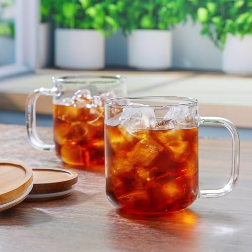 DRASTAR Glass Coffee Mugs,Clear Coffee Cups, Coffee Mug with Acacia Wood Lid, Tea Glass Cups with Handles, Large Coffee Mug Set of 2, Glass Coffee Cups for Latte, Espresso, Tea (2, 16 oz) - size: 16 oz