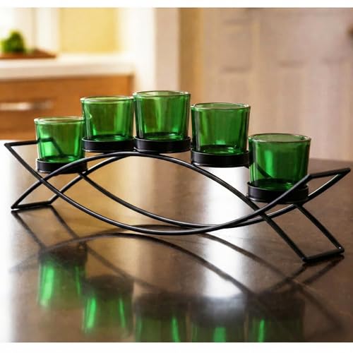 Candle Holders for Table Centerpieces, Dining Room Decor, Green | Votive Candle Holders, Wrought Iron 5 Cup Candelabra, Long Modern Coffee Kitchen Decor, Black Finish, Green Cups, 17in Long - color: Green, size: 5 Cup