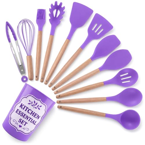 12 Pcs Purple Kitchen Accessories with Holder for Nonstick Cookware | Silicone Cooking Utensils Set for BBQ; Heat-Resistant Tools with Wooden Handles for Baking, Serving, Frying, and Mixing - color: Purple