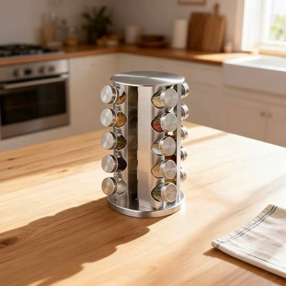 20-Jar Revolving Spice Rack, Stainless Steel Seasoning Organizer for Cabinet or Countertop, with Black Caps