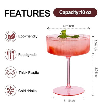 Ciaell 12 Pack Pink Plastic Martini Glasses for Bars Parties | 10 oz Pink Ribbed Coupe Cups, Heavy Duty Plastic, Cocktails Whiskey Margaritas Wine for Weddings Outdoor Gatherings Dinners - color: Pink