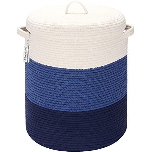 Sea Team Large Woven Cotton Rope Laundry Basket with Lid, 20 x 16 in | Collapsible Knitted Hamper with Handles, Lidded Closet Shelf Organizers for Clothing, Blankets, Toys, Bedding, Navy - color: White & Navy Blue