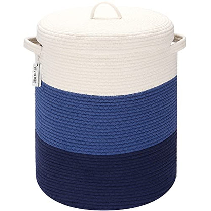 Sea Team Large Woven Cotton Rope Laundry Basket with Lid, 20 x 16 in | Collapsible Knitted Hamper with Handles, Lidded Closet Shelf Organizers for Clothing, Blankets, Toys, Bedding, Navy - color: White & Navy Blue