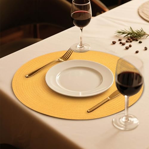 FunWheat Round Braided Placemats Set of 6 Place mats for Dining Tables Woven Heat Resistant Table Mats 15 inch (Yellow,6pcs) - color: Solid Yellow, size: 6pcs