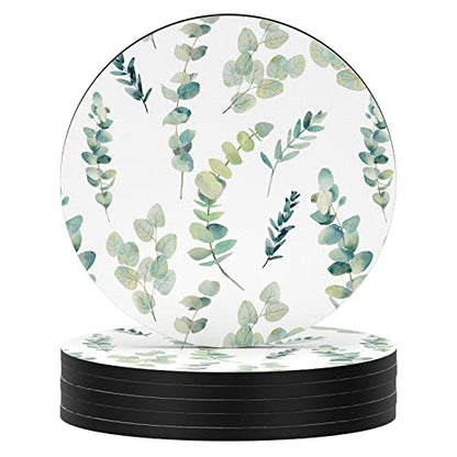 Nipichsha Coasters for Drinks, Set of 6 Cute Absorbent Rubber Drink Coasters for Cup with Non Slip Backing, Kitchen Home Decor Housewarming Gift, Round 4 in, Eucalyptus Leaf | Set of 6 Cute Absorbent Rubber Drink Coasters for Cup with Non Slip Backing, Ki