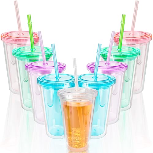 9 Set 16 oz Insulated Plastic Tumbler Double Wall Plastic Cup with Lids and Straw for Home Iced Coffee Water Juice Birthday Wedding Party Supplies (Color Set 1) - color: Color Set 1