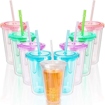 9 Set 16 oz Insulated Plastic Tumbler Double Wall Plastic Cup with Lids and Straw for Home Iced Coffee Water Juice Birthday Wedding Party Supplies (Color Set 1) - color: Color Set 1