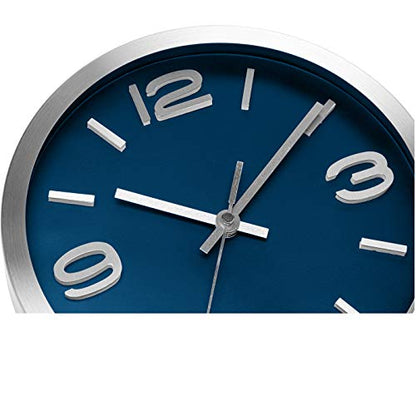 Bernhard Products Wall Clock 10 Inch Modern Silver Round Elegant Metal Quality Quartz, Silent Non Ticking Battery Operated Home Office Clock with 3D Numbers (Silver & Prussian Blue) - color: Silver & Prussian Blue