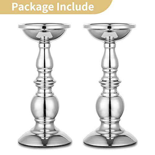 Nuptio Silver Pillar Candle Holders, Wedding Centerpieces Metal Candle Holder for 3 inches Candles Stand Decoration Ideal for Weddings Special Events Parties Living Room, 2 Pcs | (2 x L) Metal Candle Stand Decoration Ideal for Weddings Special Events Part