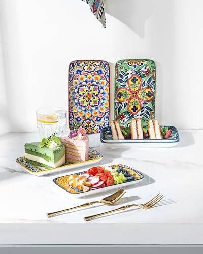 Boho Ceramic Rectangular Appetizer & Sushi Plates Set of 6, 8 Inch | Ideal for Desserts, Cake, Fruit, Snacks & Small Side Dishes, Microwave & Dishwasher Safe, Assorted Patterns - size: 8 Inch