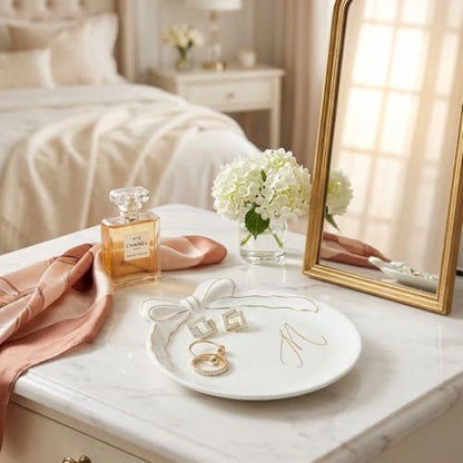 COLLECTIVE HOME Ceramic Jewelry Tray, Monogram Trinket Dish with Bow (M) | Mothers Day Graduation Christmas Birthday Gifts for Women, Bridesmaid Proposal Gifts, Features Real Gold Trim & Gift Box - color: M