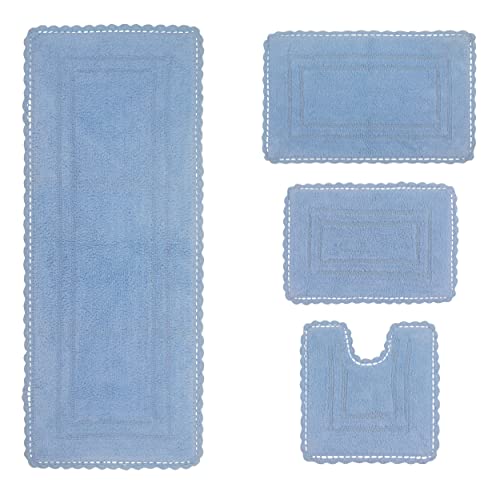 Home Weavers Casual Elegance Reversible Bathmat 100% Cotton Bathroom Rugs Set, Washable Rug, Extra Soft and Absorbent Bath Rug, Kitchen Mat, Bath Mat Set, Non Slip Mat, 4 Piece Set with Runner, Blue - color: Blue, size: 1'9" x 4'6" (Rectangle, Contour)