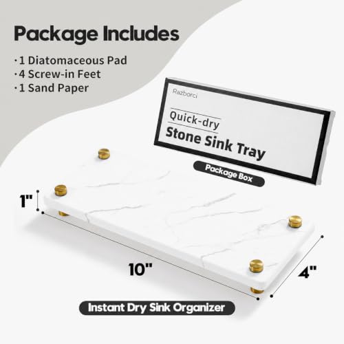 White Marble Pattern Style Water Absorbing Stone Sink Caddy, Bathroom & Kitchen Counter Organizer Tray, Faucet Drying Mat Soap Dish Rack Riser Dispenser Sponge Holder, Gold Metal Feet, 10" x 4" - color: 10"x 4" - Marble Pattern - Gold
