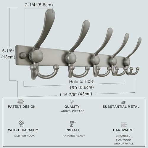 Coat Rack Wall Mount, Heavy Duty 12-Gauge Base vs Flimsy 1mm, Double-Thick Solid Anti-Snap Hooks, 16” Stud-Mount, Stainless Steel Hanger for Clothes Hat Entryway Closet, Grey, Pack of 2 - color: Gray, size: L=17" (2pcs)